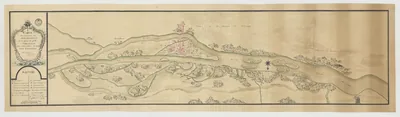 An old hand-drawn map of a river with an island and a town