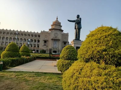 A statue of Dr B. R. Ambedkar in front of Vidhana Soudha in Bengaluru
