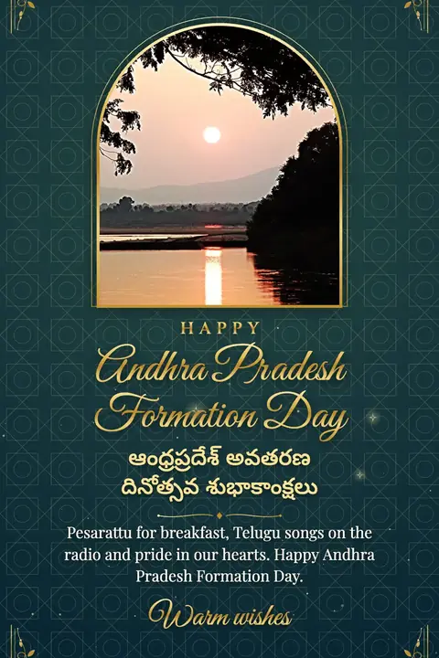 Andhra Pradesh Formation Day wishes image: Pesarattu for breakfast, Telugu songs on the radio and pride in our hearts. Happy Andhra Pradesh Formation Day.