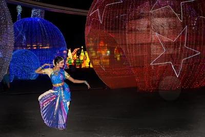 A dancer in a silk saree posing in front of glowing light displays