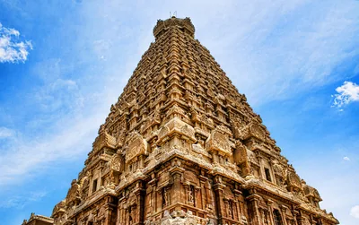 The tall carved tower of the Thanjavur temple seen from below