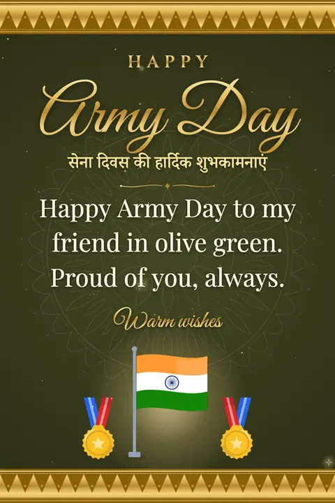 Army Day (India) wishes image: Happy Army Day to my friend in olive green. Proud of you, always.