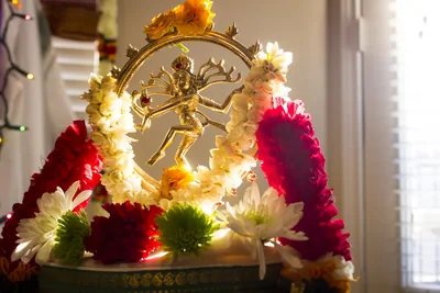 A small Nataraja idol decorated with white and red flower garlands