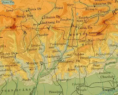 Old coloured survey map showing mountains and valleys of the Tawang region