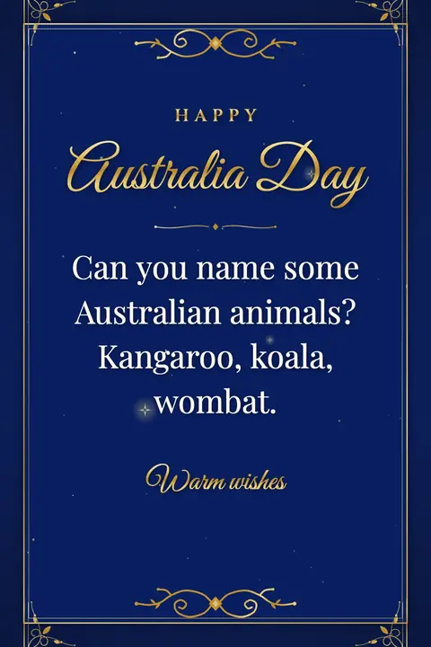 Australia Day wishes image: Can you name some Australian animals? Kangaroo, koala, wombat.
