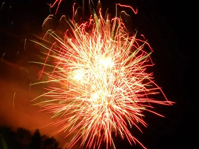 Bright red and gold fireworks bursting against a black sky