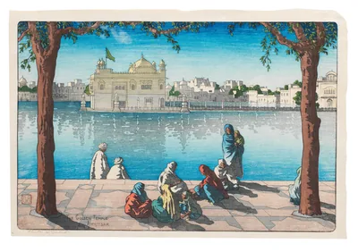 Colour woodblock print of the Golden Temple across blue water with pilgrims seated on the steps