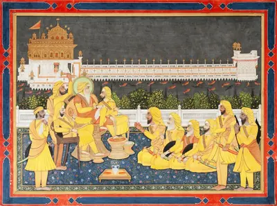 Old Indian painting of a royal court with Sikh nobles in yellow seated near the Golden Temple
