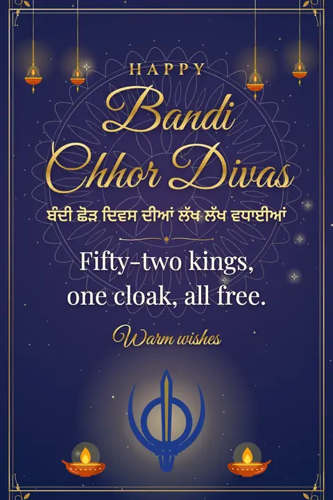 Bandi Chhor Divas wishes image: Fifty-two kings, one cloak, all free.