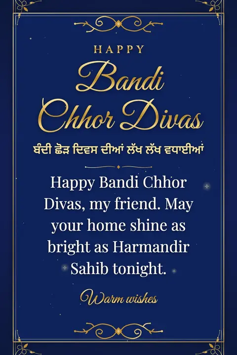 Bandi Chhor Divas wishes image: Happy Bandi Chhor Divas, my friend. May your home shine as bright as Harmandir Sahib tonight.