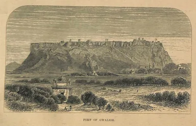 Old engraving of the long hill fort of Gwalior over the plain