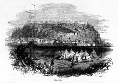 Old engraving of Gwalior Fort with tents below the hill