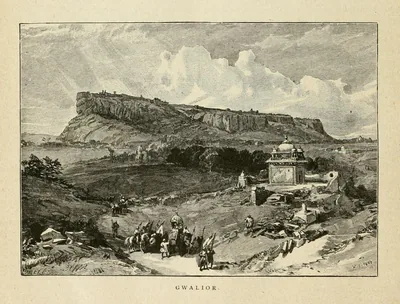 Old engraving of the flat topped hill of Gwalior with travellers below