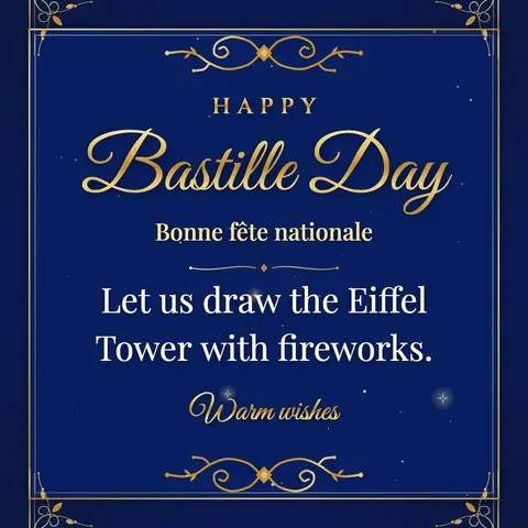 Bastille Day wishes image: Let us draw the Eiffel Tower with fireworks.
