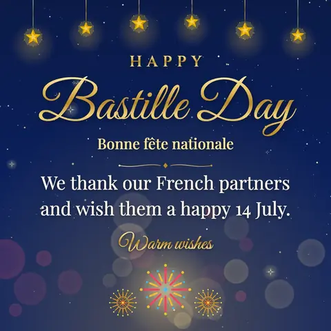 Bastille Day wishes image: We thank our French partners and wish them a happy 14 July.