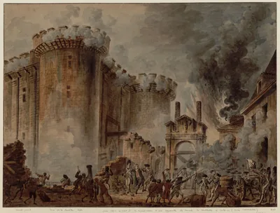 Old painting of crowds and smoke before the towers of the Bastille fortress
