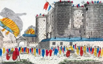 Old hand-coloured print of crowds with flags around the Bastille towers