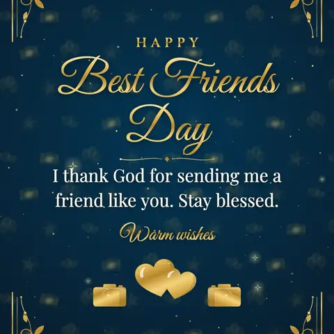 Best Friends Day wishes image: I thank God for sending me a friend like you. Stay blessed.