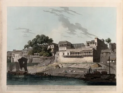 Old coloured print of tall riverside buildings and a ghat on the Ganges