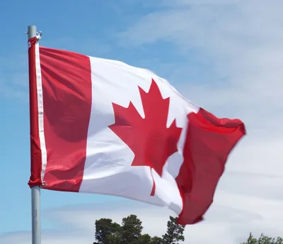 The red and white maple leaf flag of Canada waving in the sky