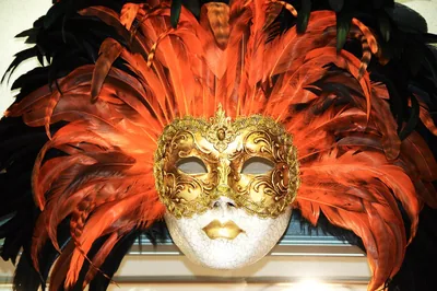 A gold carnival mask with bright orange feathers