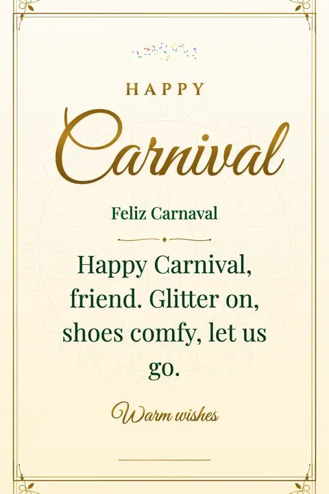 Carnival wishes image: Happy Carnival, friend. Glitter on, shoes comfy, let us go.