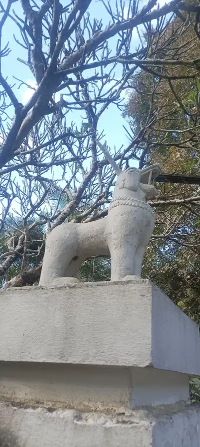 A white stone Kangla Sha, the guardian lion of Manipur, under trees