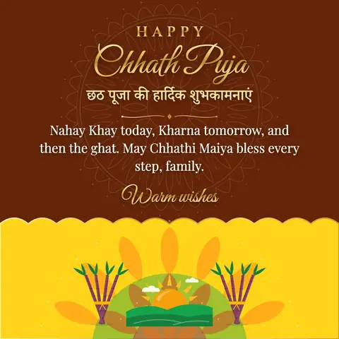 Chhath Puja wishes image: Nahay Khay today, Kharna tomorrow, and then the ghat. May Chhathi Maiya bless every step, family.