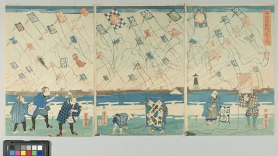 A Japanese woodblock print of children at play in a kite flying contest, 1865
