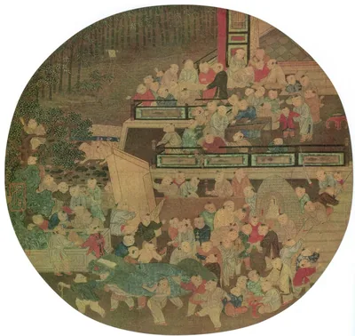 An old Chinese painting of many children playing in a spring garden