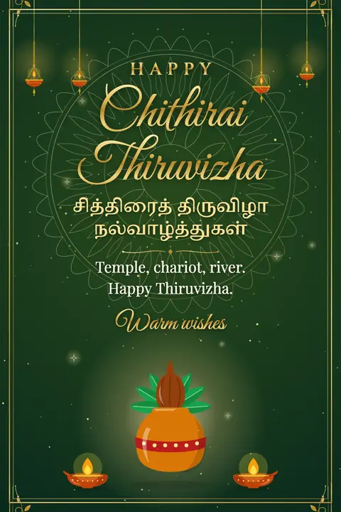 Chithirai Thiruvizha wishes image: Temple, chariot, river. Happy Thiruvizha.