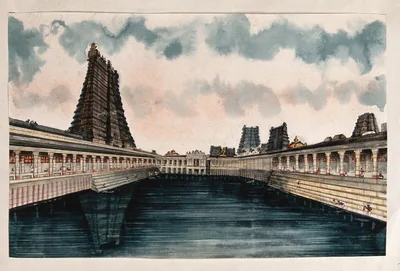 Painting of tall temple towers rising behind a stepped water tank