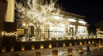 A building and trees glowing with warm lights and paper lanterns on the ground