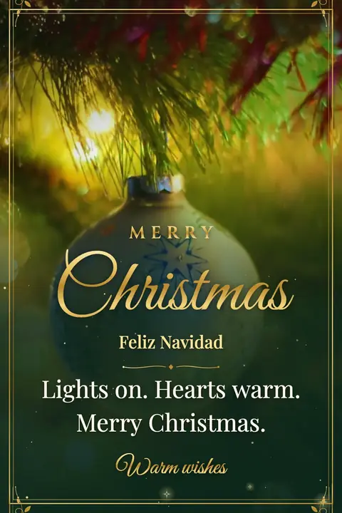 Christmas wishes image: Lights on. Hearts warm. Merry Christmas.