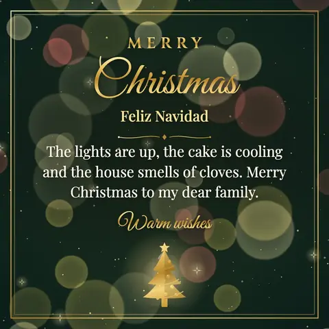 Christmas wishes image: The lights are up, the cake is cooling and the house smells of cloves. Merry Christmas to my dear family.