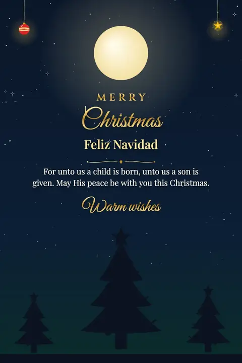 Christmas wishes image: For unto us a child is born, unto us a son is given. May His peace be with you this Christmas.