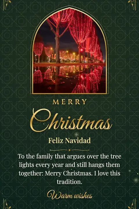 Christmas wishes image: To the family that argues over the tree lights every year and still hangs them together: Merry Christmas. I love this tradition.