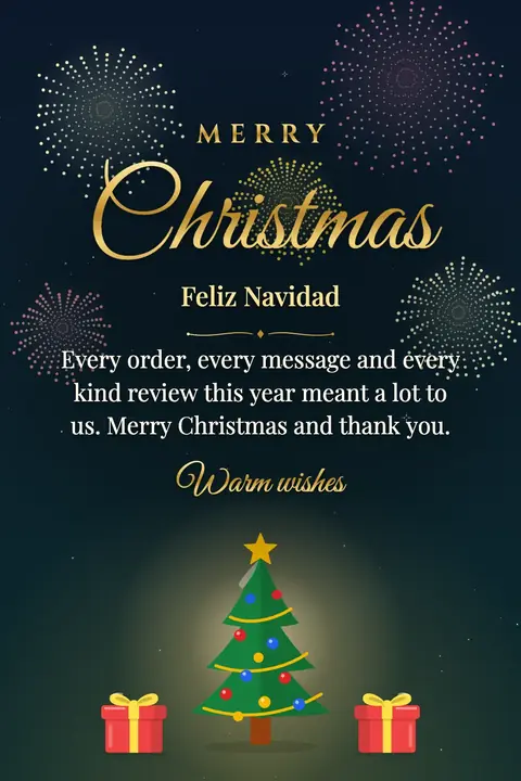 Christmas wishes image: Every order, every message and every kind review this year meant a lot to us. Merry Christmas and thank you.