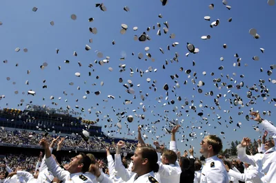 Graduates throwing their caps high into the sky