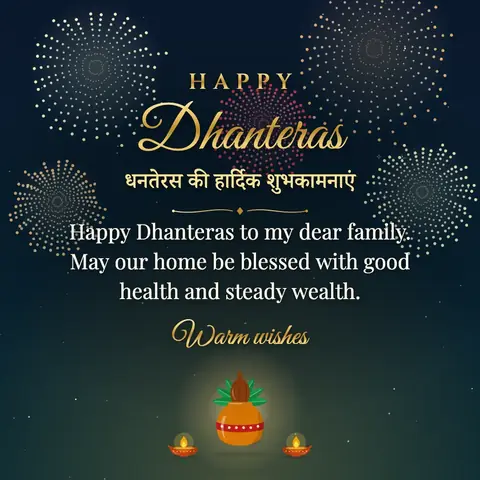 Dhanteras wishes image: Happy Dhanteras to my dear family. May our home be blessed with good health and steady wealth.