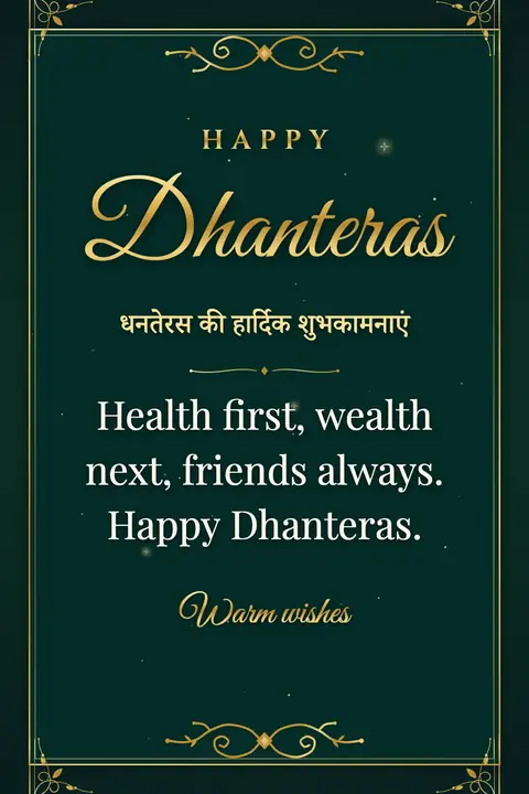Dhanteras wishes image: Health first, wealth next, friends always. Happy Dhanteras.