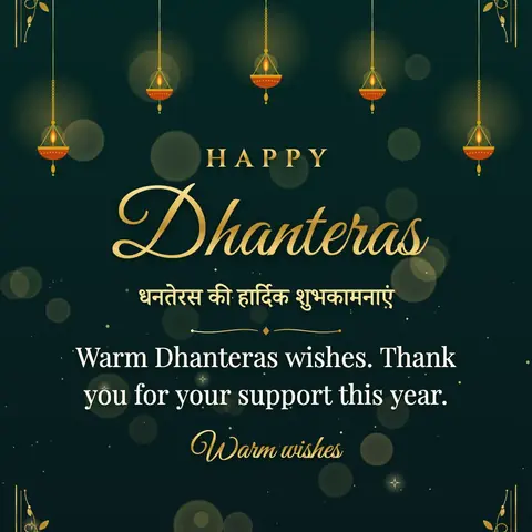 Dhanteras wishes image: Warm Dhanteras wishes. Thank you for your support this year.