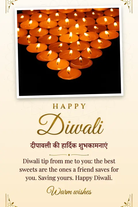 Diwali wishes image: Diwali tip from me to you: the best sweets are the ones a friend saves for you. Saving yours. Happy Diwali.