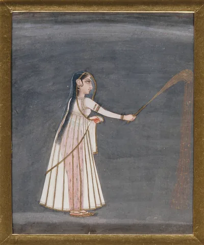 An old miniature painting of a woman in a white dress holding a sparkler