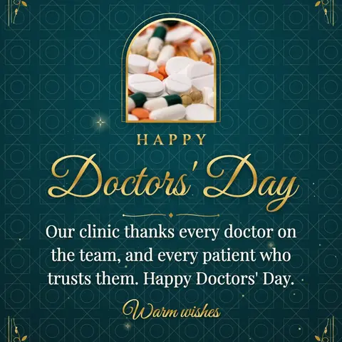 Doctors' Day wishes image: Our clinic thanks every doctor on the team, and every patient who trusts them. Happy Doctors' Day.