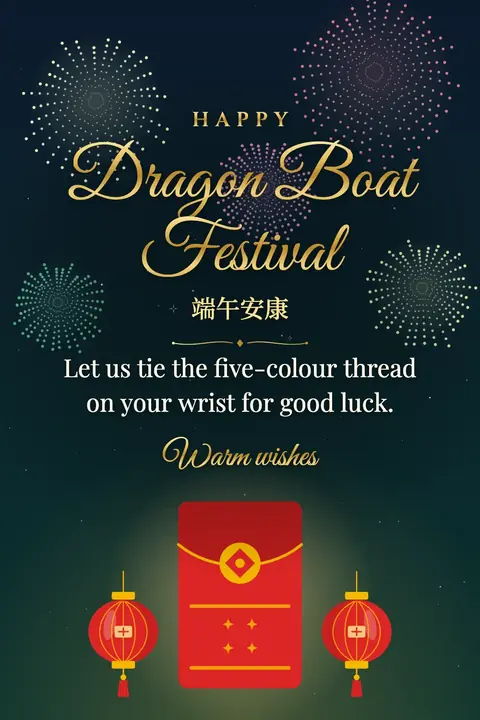Dragon Boat Festival wishes image: Let us tie the five-colour thread on your wrist for good luck.