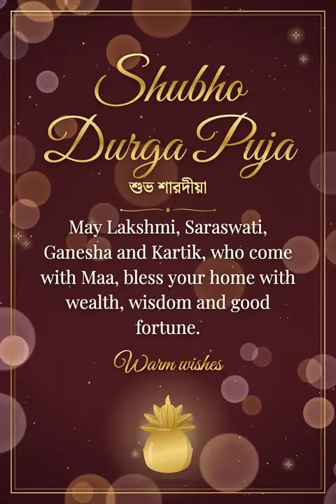 Durga Puja wishes image: May Lakshmi, Saraswati, Ganesha and Kartik, who come with Maa, bless your home with wealth, wisdom and good fortune.