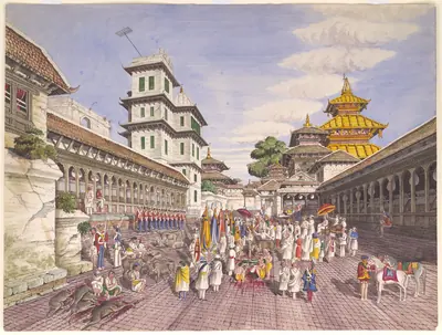 An old painting of a crowded square with temples, soldiers and people celebrating
