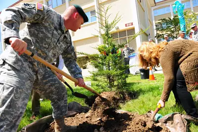 A man in uniform planting a small pine tree