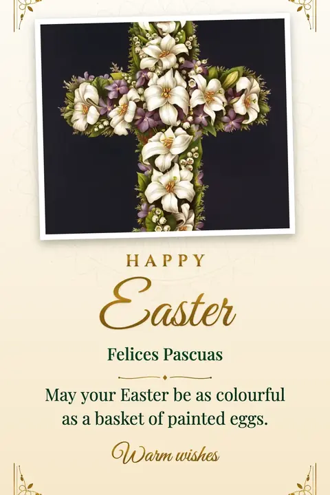Easter wishes image: May your Easter be as colourful as a basket of painted eggs.